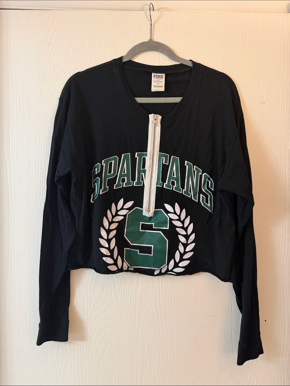 Victoria’s Secret PINK Spartans Green & Black Kids Zip-Front Cropped Shirt